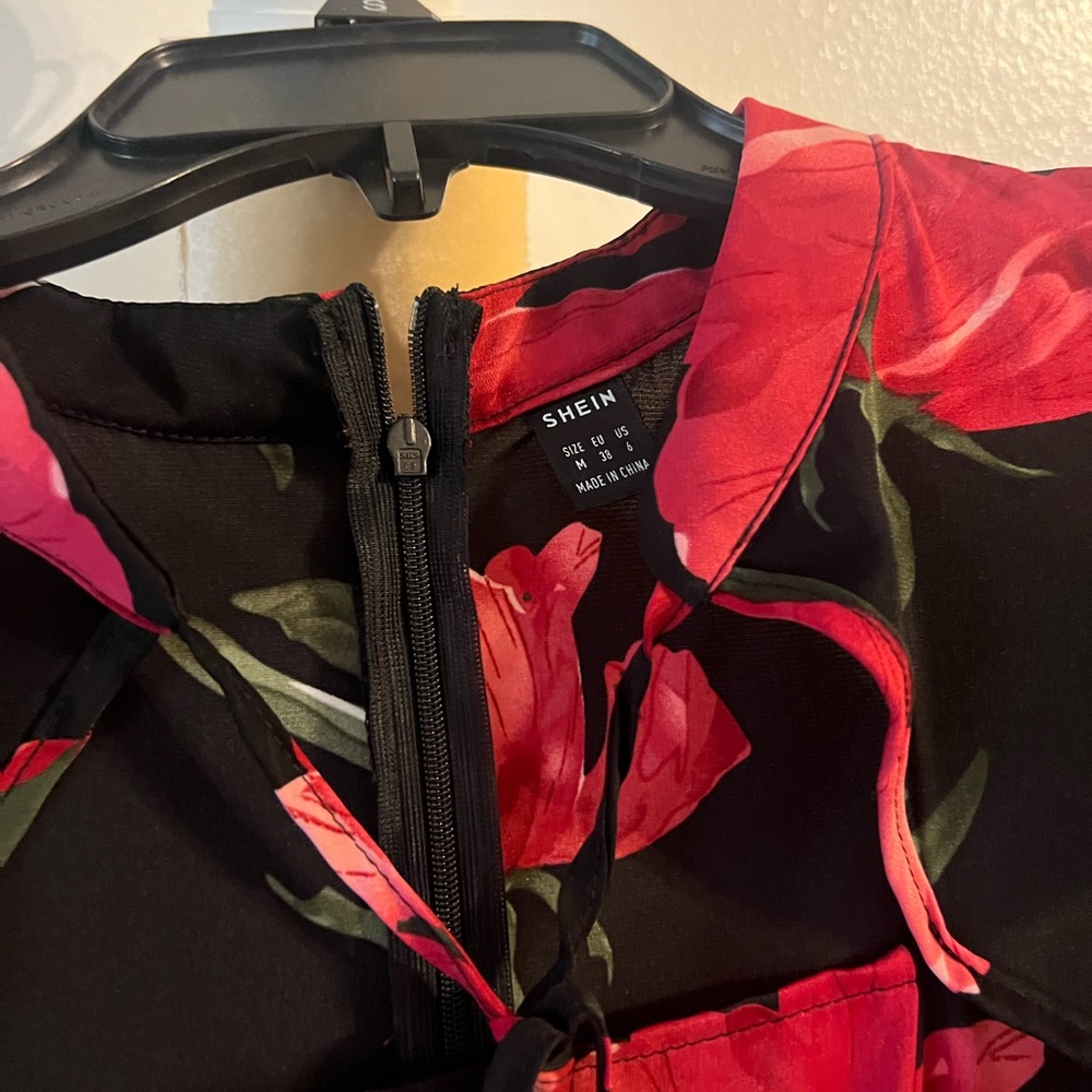 SHEIN Black Dress with Red Floral Pattern